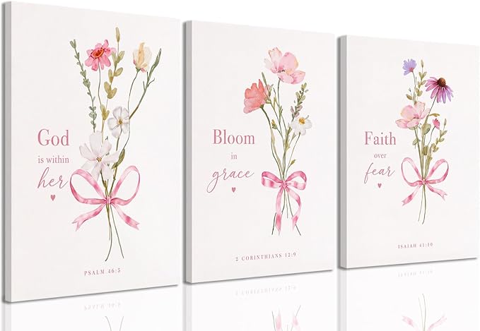 Baby Girl Nursery Wall Art Set of 3 Pink Bow Floral Canvas Prints, Christian Bible Verse Nursery Decor, Cute Flower Posters Pictures with Scripture for Girls Room Bedroom Framed 12x16 Inch