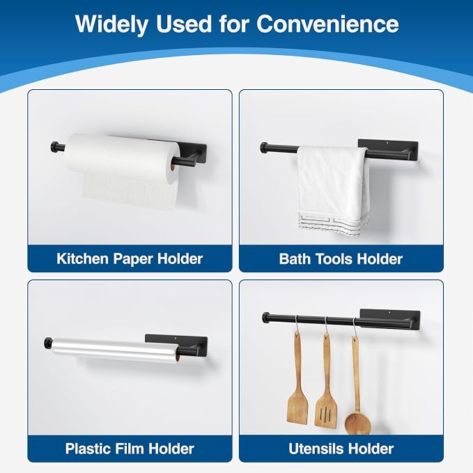 Paper Towel Holder,Self-Adhesive or Drilling， Matte Black, 1 Pack | SUS304 Stainless Steel,Kitchen Roll Dispenser Under Cabinet，Wall Mounted Rack