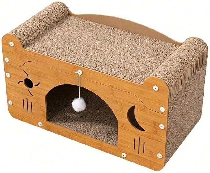 3-in-1 Scratcher Cat House – Save Your Furniture Combines Play Cave, Cozy Bed & Scratching Pad. Durable Cardboard, Reduces Stress. Ideal for Indoor Cats Who Love to Scratch, Play & Nap (FX-SFPPY)