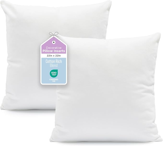 2-Pack Decorative Throw Pillow Inserts 22" x 22" – Soft, Supportive & Fluffy Cushion Fillers – Cotton Blend Cover with Plush Polyester Fill – Perfect for Sofa, Bed & Living Room – White
