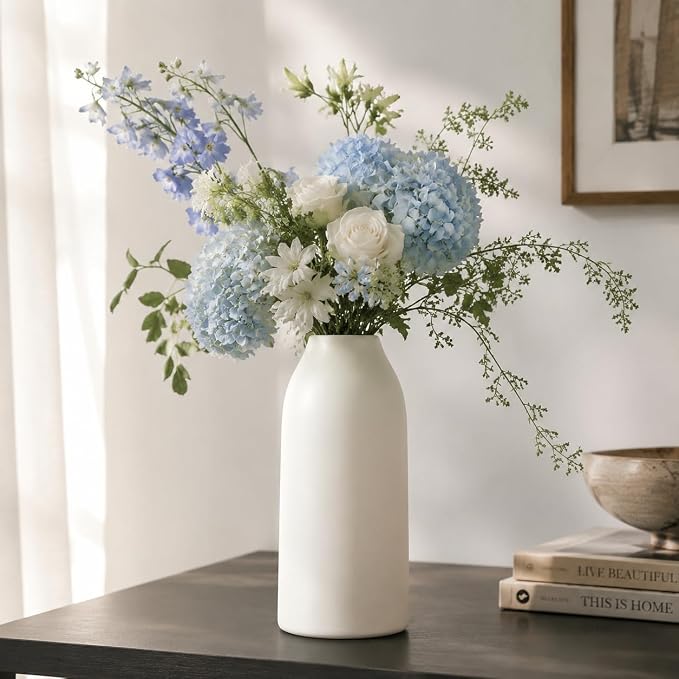 hjn 12 Inch White Ceramic Vase for Flowers, Matte Tall Modern Vase for Decor Minimalist Flower Vase for Home Decor Living Room Tabletop Centerpiece