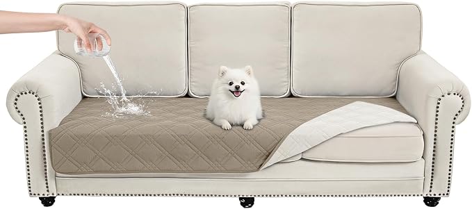 100% Waterproof Washable Dog Blanket，Khaki+Off White，35"x71" | ,7-Layer Reversible Couch Covers for Dogs Met for Sofa Furniture Car Camping