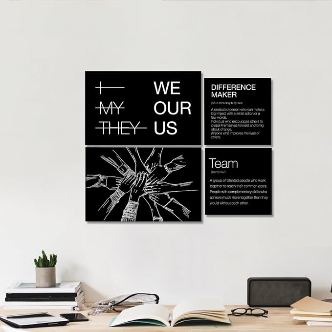 YEOION Motivational Office Wall Art,Inspirational Teamwork Wall Art for Office,Black Positive Teamwork Wall Decor for Workplace Set of 6