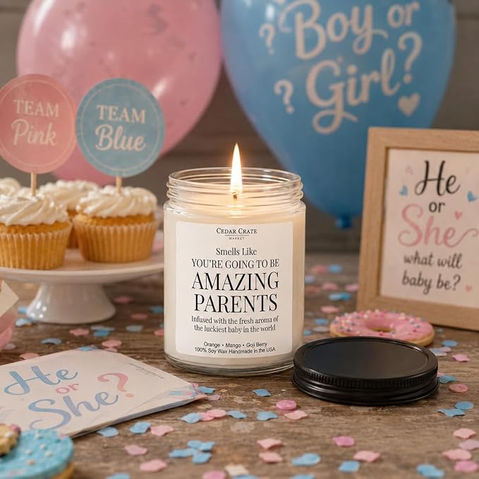 Cedar Crate Market New Parents Gifts for Couples, Baby Shower Pregnancy Gift, Gender Reveal Candle, New Mom First Time Mom Dad, Orange, Mango, Goji Berry 9oz Soy Wax, Made in USA, 45+ Hour Burn