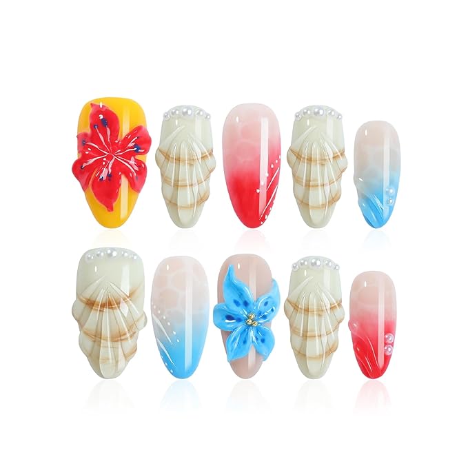 3D Floral Medium Almond Press on Nails - Delicate Blossom False Nails Handcrafted for Bridal & Special Occasions