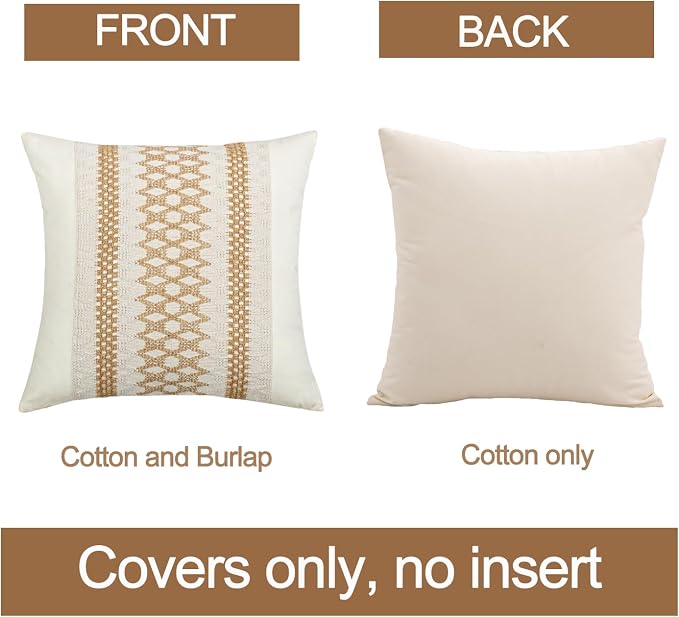 Throw Pillow Covers 18 x 18 Inch 1PC for Farmhouse Living Room, Cotton & Burlap Textured Striped Woven Boho Pillow Covers (Beige & Brown, Khaki Grid)