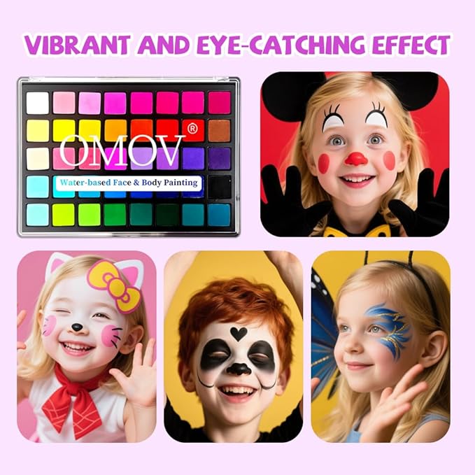 Face Painting Kit for Kids, 40 Colors Non-Toxic Water Activated Face Paint Palette, Facepaint Makeup Kit with Stencils, Brushes, Gems,for Halloween,Christmas, Birthday Parties, Carnival, School Event
