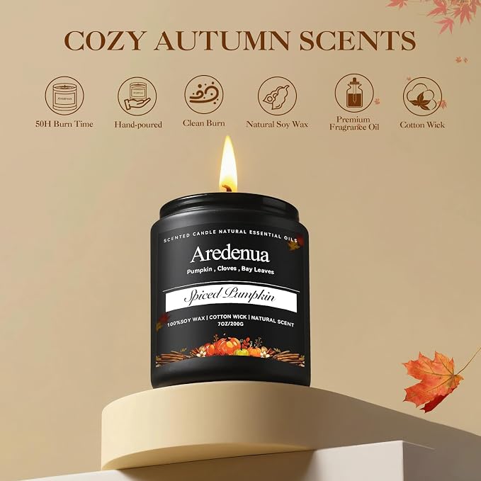 Spiced Pumpkin Candles – Fall Scented Candles with Pumpkin & Festive Spice, Autumn Candle for Home Décor, Cozy Seasonal Holiday Candle Gift for Women & Men
