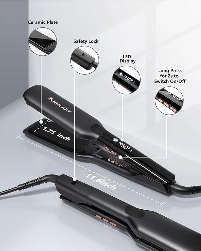 Annlary 1.75 Inch Hair Straightener, Professional Titanium Plate with Ceramic Coating Ionic Dual Voltage Flat Iron with Heat-Resistant Silicone, for Less Frizz, Shinier & Smoother Hair