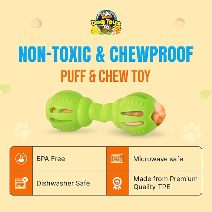 Tibetan Dog Chew Yak Cheese Puff & Chew - Fun Interactive Treat Dispenser Toy for Dogs - Training, Teething, Calming, Mental Stimulation - Bone Dumbbell - Fluorescent Green (1 Toy, 5 Nuggets)
