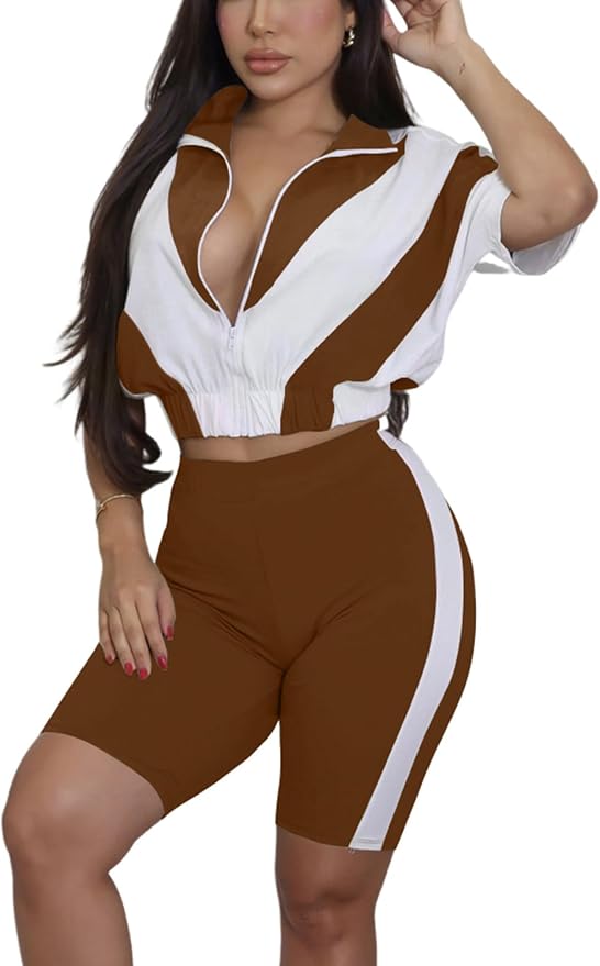 Adogirl Women 2 Piece Outfits Summer Tracksuit Color Block Short Sleeve Full Zip Up Cropped Jacket Bodycon Shorts Lounge Sets