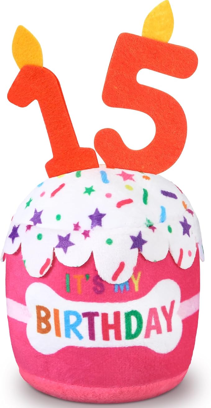Dansydaisy Dog Birthday Cake Toy Squeaky Plush Gift,15th,Pink