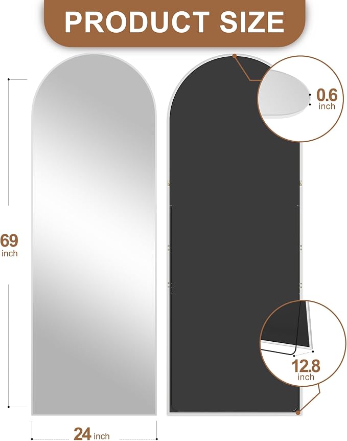 Arched Full Length Mirror with Stand, 69x24 Silver Floor Mirror | Aluminium alloy frame with HD float glass for distortion-free reflection. Free standing or wall mounted.