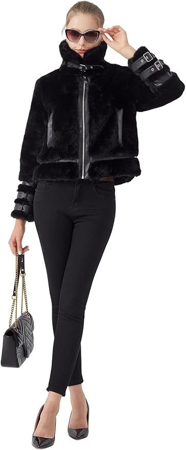 GRAN ORIENTE Womens Belted Winter Faux Fur Coats, Cropped Fuzzy Cuff Furry Zipper Up Warm Jackets Outwear