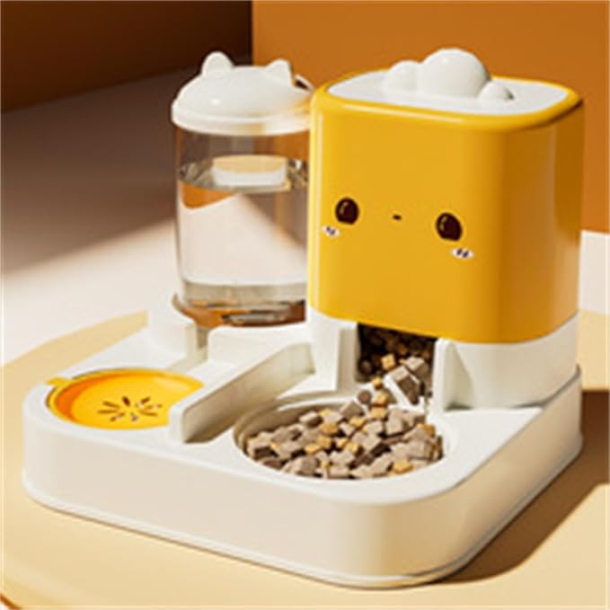 Pet Automatic Feeder Cat Dog Feeding Bowl Food Water Dispenser with Refillable Storage Container Large Capacity Rabbit Feeder Watering Bowls (Yellow)