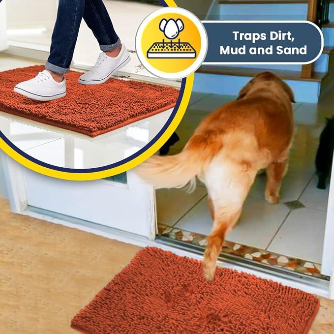 Muddy Mat® | Super Water Absorbent Door Mat Indoor, Microfiber Quick Dry Chenille Entryway Rug, Slip Resistant Front Door Mat, Indoor Mats for Entryway, Machine Washable Pet Rug, Coral 32" x 40"