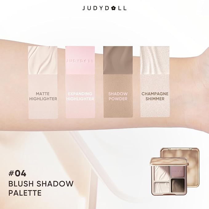 JUDYDOLL Highlight & Contour Palette, All-in-One Matte Highlighter Contour Compact, Natual Finish, Ultra-fine Powder, Blendable Face Makeup for All Skin Tones (New Version 04 Blush Shadow Palette)