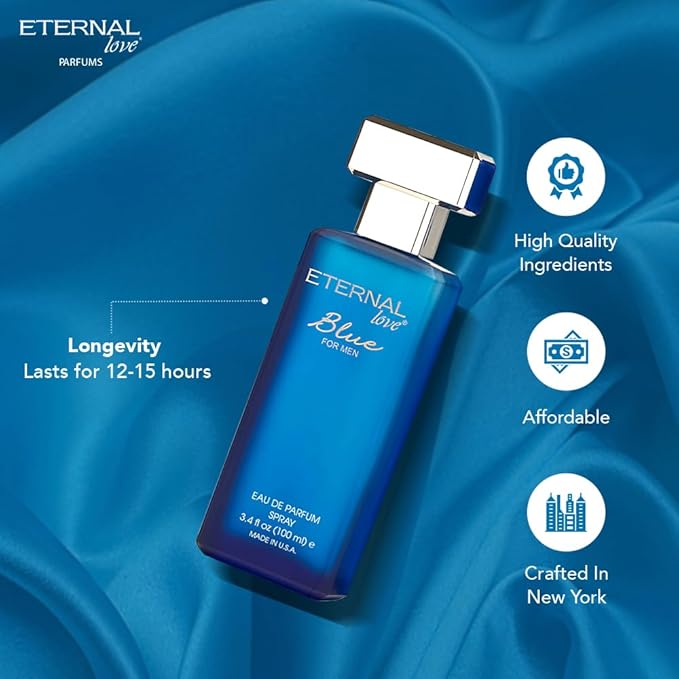 Eternal Love Blue for Men - Long Lasting Eau de Parfum Spray - Fresh Marine Scent with Musk & Warm Woods- Light and Breezy Fragrance - 3.4oz