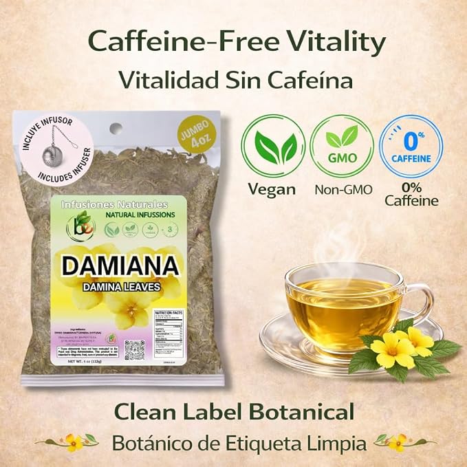 Damiana Leaf Te – 4 oz (113g) Loose Herbal Tea + Stainless Steel Tea Infuser – 100% Natural Turnera diffusa – Authentic Mexican Origin – Caffeine-Free, Non-GMO, Gluten-Free, Vegan By Bexpertsusa
