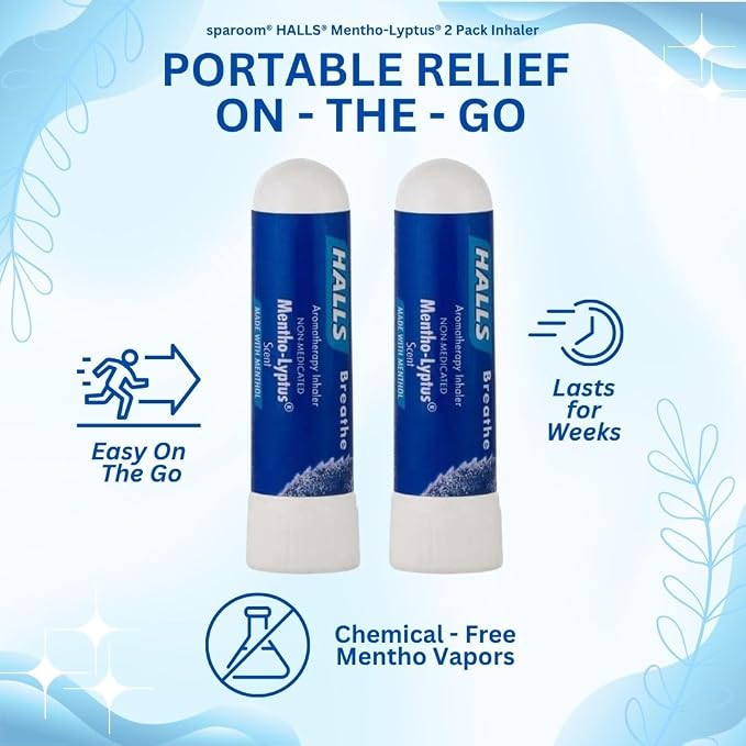 HALLS Nausea Relief Nasal Stick – Breathe Mentho-Lyptus, 100% Pure Essential Oils, Aromatherapy Nasal Stick for Sinus Relief, Stress & Craving Management, Mentho-Lyptus Scent, 2-Pack, Non-Medicated