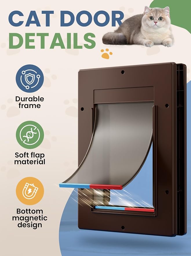Cat Door with Soft Magnetic Flap, Pets Up to 20 lb, Brown