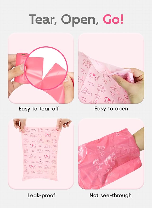 Dog Poop Bags, 128 Count, Baby Powder Scented, Pink | Baby Powder Scented, Extra Thick, 60% Recycled Plastic, Easy-Peel Sticker, 16 Bags Per Roll, Dual Pink Designs