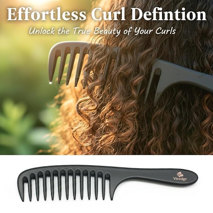 VIVEDGE| Curly Hair Carbon Comb Set | Carbon Fiber Detangler Wide Tooth Parting Combs anti static frizz-free with Premium Acccessories for Styling | Gift for loved ones (Black-Pink)