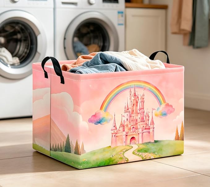 CLOCOR Rectangular Storage Basket Empty,Gift Basket,Waterproof Storage Bin with Handles,Room Decor(Pink Castle)