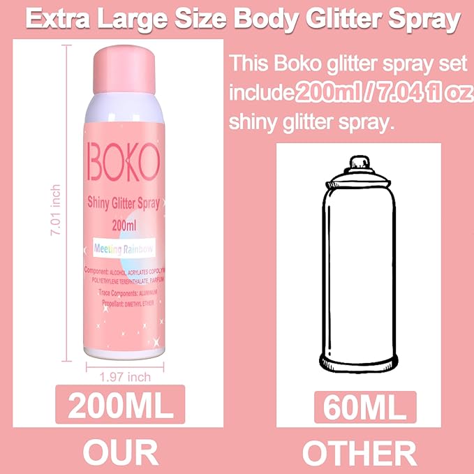 Boko Body Glitter Spray, 200ML Holographic Silver Glitter Spray for Body Hair Clothes, Long-Lasting Body Shimmer Glitter Hairspray for Festival Party Concert Shiny Pride Makeup Rave Accessories