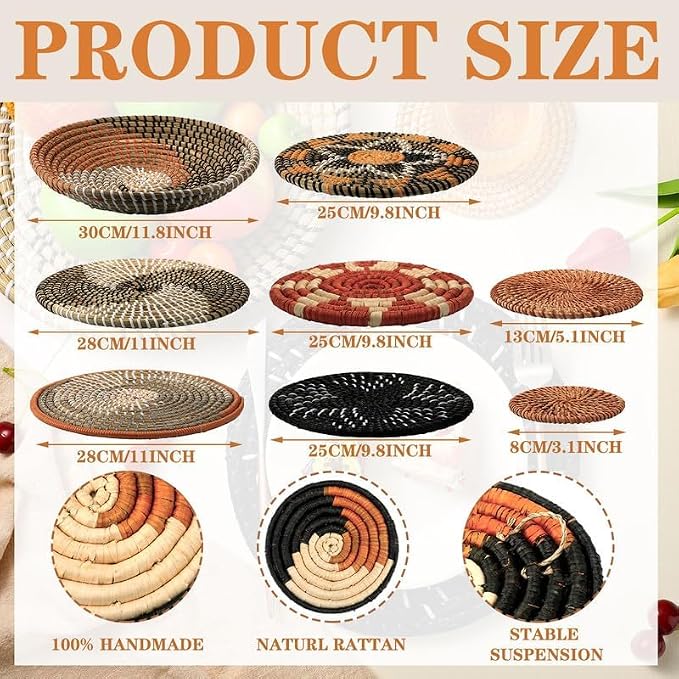 Tatuo 11 Pcs Boho Wall Basket Decor Bulrush Woven Wall Hanging Art Round Farmhouse Rustic Handmade Wicker for Summer Home, Bedroom, Living Room, Kitchen Decorations, Multi Sizes(Classic)