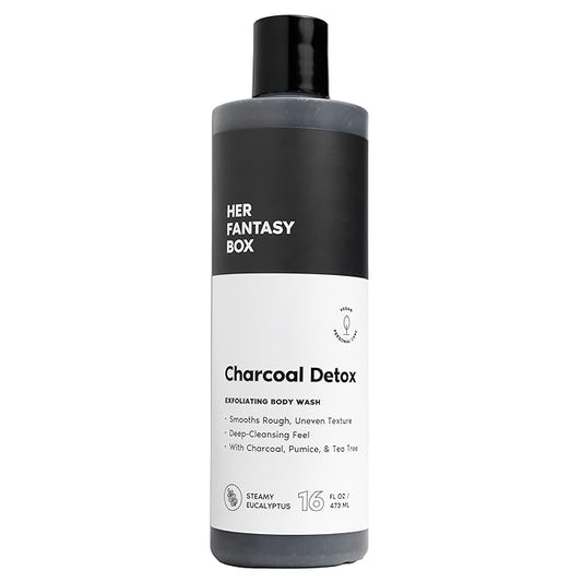Her Fantasy Box | Charcoal Detox Exfoliating Body Wash – Activated Charcoal & Pumice Deep Cleanser with Tea Tree & Eucalyptus, Refreshing Exfoliation for Smoother Skin, Vegan & pH Balanced (16 oz)