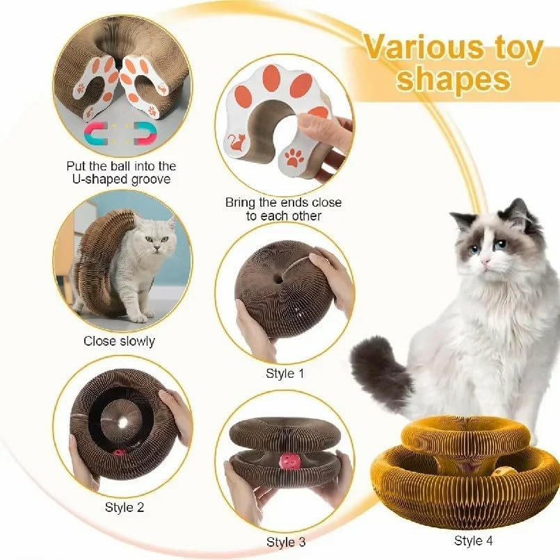 Kitten Curl Cat Toy, Magic Organ Cat Scratch Board, Foldable Cat Accordion Toy, Interactive Scratch Pad Cat Toy with Toy Bell Ball, Cat Scratchers for Physical Exercise Cats Indoor (1PC)
