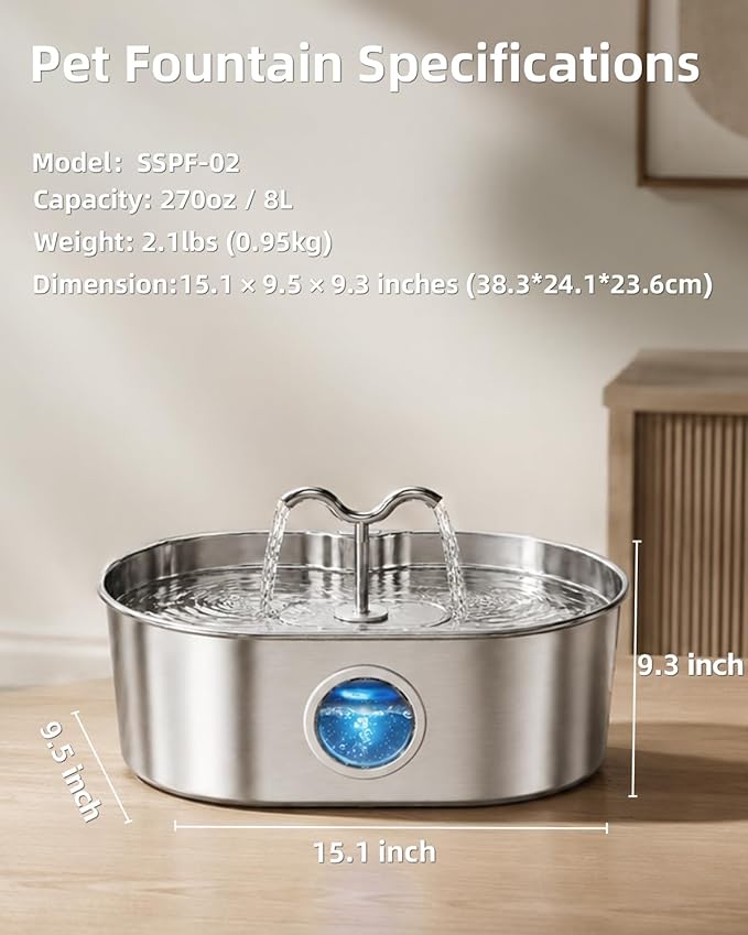 8L/270oz/2Gallon Stainless Steel Dog Water Fountain Pet Fountain | Automatic Pet Water Dispenser - Self-Designed Filtration System - Ultra-Quiet Pump - Easy Cleaning & Maintenance (6 Filters)