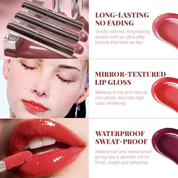 2Pcs Full-On Plumping Liquid Lip Gloss, Red & Brown Hydrating Lip Plumper Lip Blam Lipstick, High-Shine Tinted Formula for Fuller, Nourishes, Moisturizes & Softens Lips, Cruelty-Free (02+03)