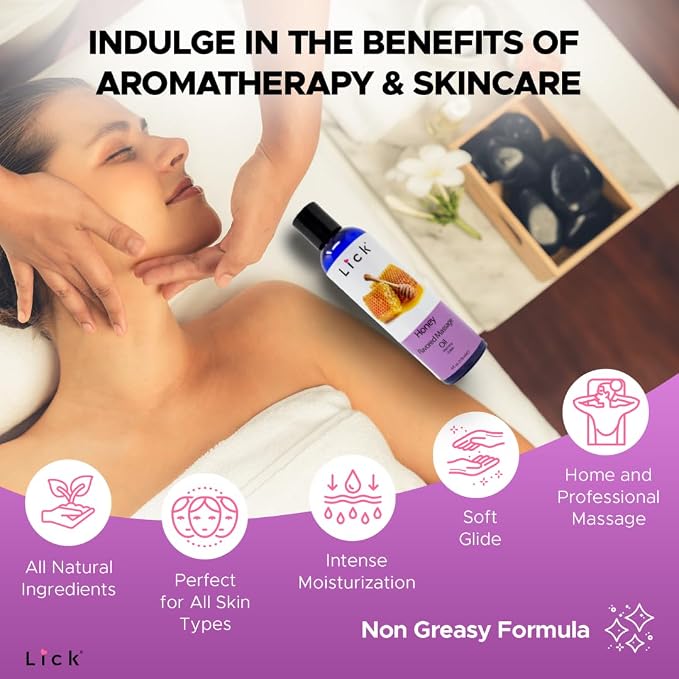 Lick Honey Flavored Massage Oil – Warm Sweet Edible Massage Oil with Sweet Almond Oil & Vitamin E, Smooth Body-Safe Glide for Couples Massage & Relaxation, 4 oz