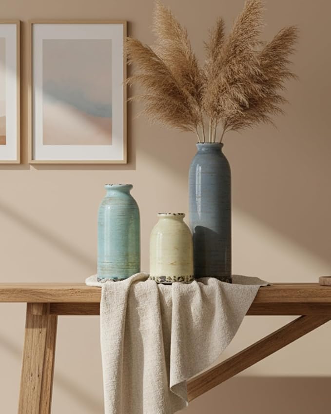 Modern Pottery Vase Set of 3, Neutral Ceramic Bottle Vases for Home Decor | Morandi colors and glazed rustic finish for flowers, table centerpieces, shelves and living rooms