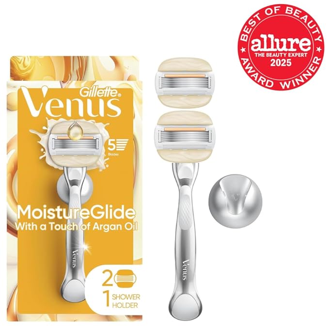 Venus Moistureglide Women's Razor, Reusable Handle, 2 Razor Blade Refills and Shower Holder