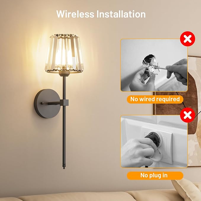 Crystal Battery Operated Wall Sconces Set of 2, Black Rechargeable Wireless Wall Sconce Lights with Crystal Lampshade, 12 RGB and 3CCT Dimmable Wall Lamps with Remote for Bedroom Living Room Hallway