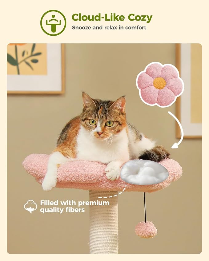 37.4" Flower Cat Tree with 2 Hammocks & 6 Sisal Posts, Pink | Flower top perch, 2 spacious hammocks, 6 sisal posts, Cute small tower, For indoor kittens, Sturdy build