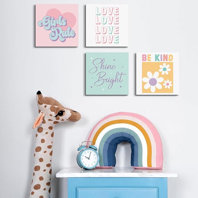 4 Pcs Girls Room Decor Posters Wall Art, Pink Colorful Prints for Teen Girl | Girl's Aesthetic Framed Posters Art Prints Artwork for Bedroom Playroom Rooms Home Decor 8 x 8 Inch
