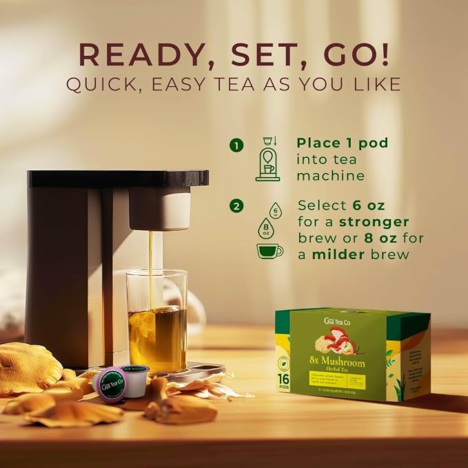 Gya Tea Co 8X Mushroom Herbal Tea Pod (16 Count)- Decaf Wellness Tea for Body Comfort & Relaxing (Pack of 2)
