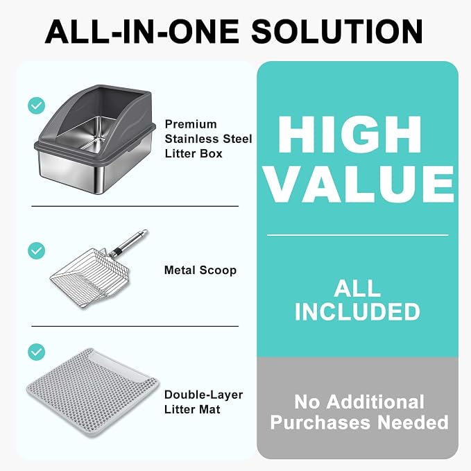 AIPERRO Stainless Steel Litter Box | XL Metal Cat Litter Boxs with Lid | Enclosed High Sided for Big Cats | Anti-Urine Leakage | Non-Stick & Easy to Clean with Litter Mat & Metal Scoop (Dark Gray)