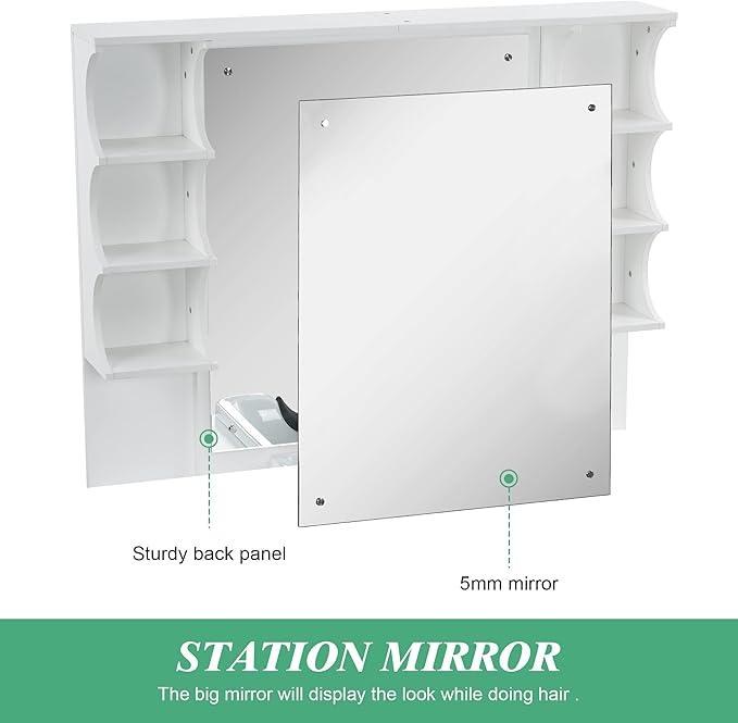 BarberPub Backwash Shampoo Bowl Cabinet, Wall Mount Station with Mirror, Storage Cabinet with Drawers & Shelf Salon Equipment for Barber Salon 3141 (White)
