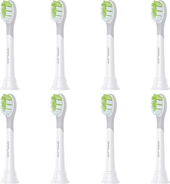 Oralica - Japanese Brand Whitening Replacement Toothbrush Heads, Compatible with Philips Sonicare Click-on Handles, 8 Pack, Medium, with Tongue Cleaner (CA668, White)