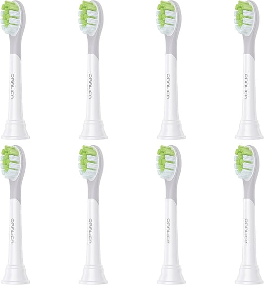 Oralica - Japanese Brand Whitening Replacement Toothbrush Heads, Compatible with Philips Sonicare Click-on Handles, 8 Pack, Medium, with Tongue Cleaner (CA668, White)