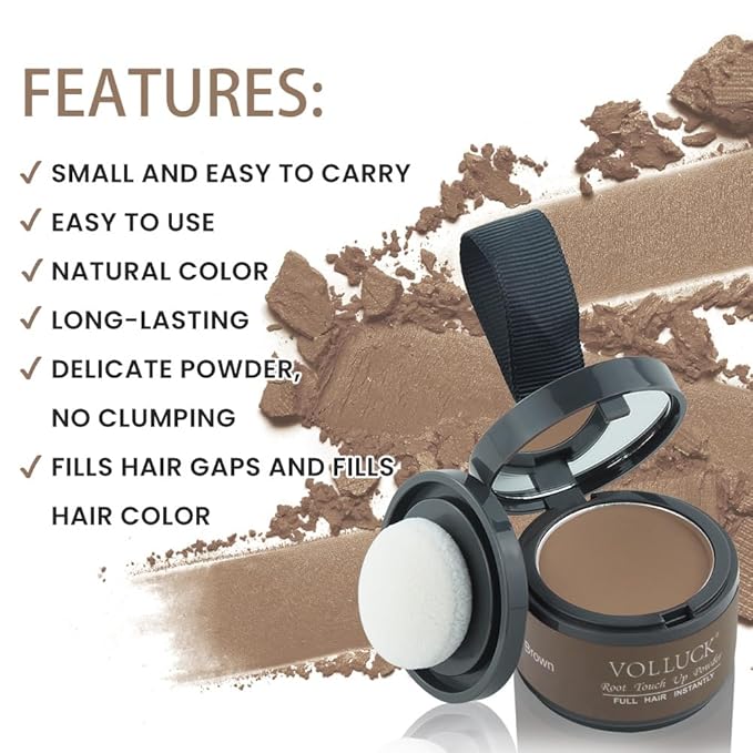 VOLLUCK Root Touch up Powder, Instant Hairline Powder for Thinning Areas and Gray Hair Coverage, Natural and Non-greasy Root Cover up for Women and Men (Brown, 0.14 Ounce)