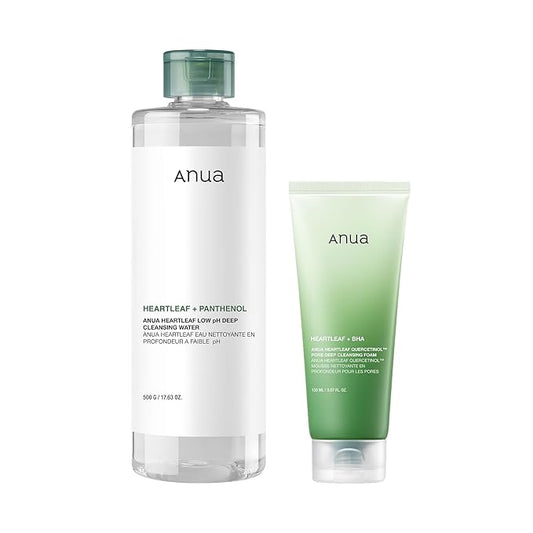 ANUA Cleansing Routine Set : Heartleaf Low pH Deep Cleansing Water & Quercetinol Pore Deep Cleansing Foam, Korean Skincare