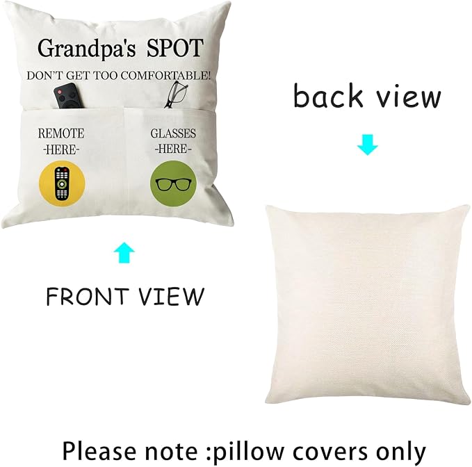 ONFAON Grandpa Gifts,Grandpa's Spot Throw Pillow Covers 18x18 Inch,Put Phone Glasses and Remote Control Pillowcase,Birthday Christmas Thanksgiving Day Gifts for Grandpa Stepdad,3-Pocket