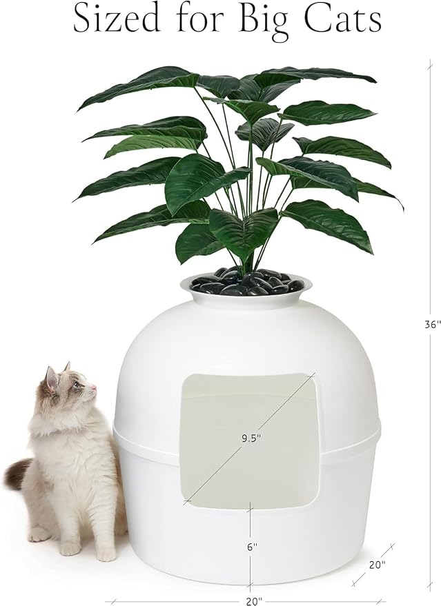 Secret Litter Box by Bundle & Bliss - Hidden Litter Box Enclosure, Patented Design with Odor Control, Includes Faux Plant, Carbon Filter and Real Stones Vivid White