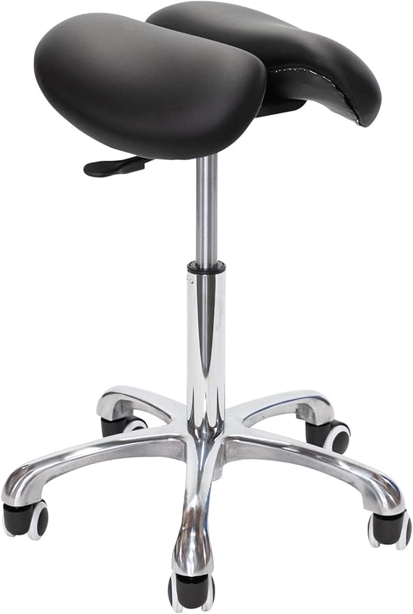 Saddle Stool with Wheels Rolling Chair - Ergonomic Split Seat Design, 360° Swivel Mobility, and Heavy Duty Adjustable Height - Professional Salon, Massage & Esthetician Spa Stool - (Black)